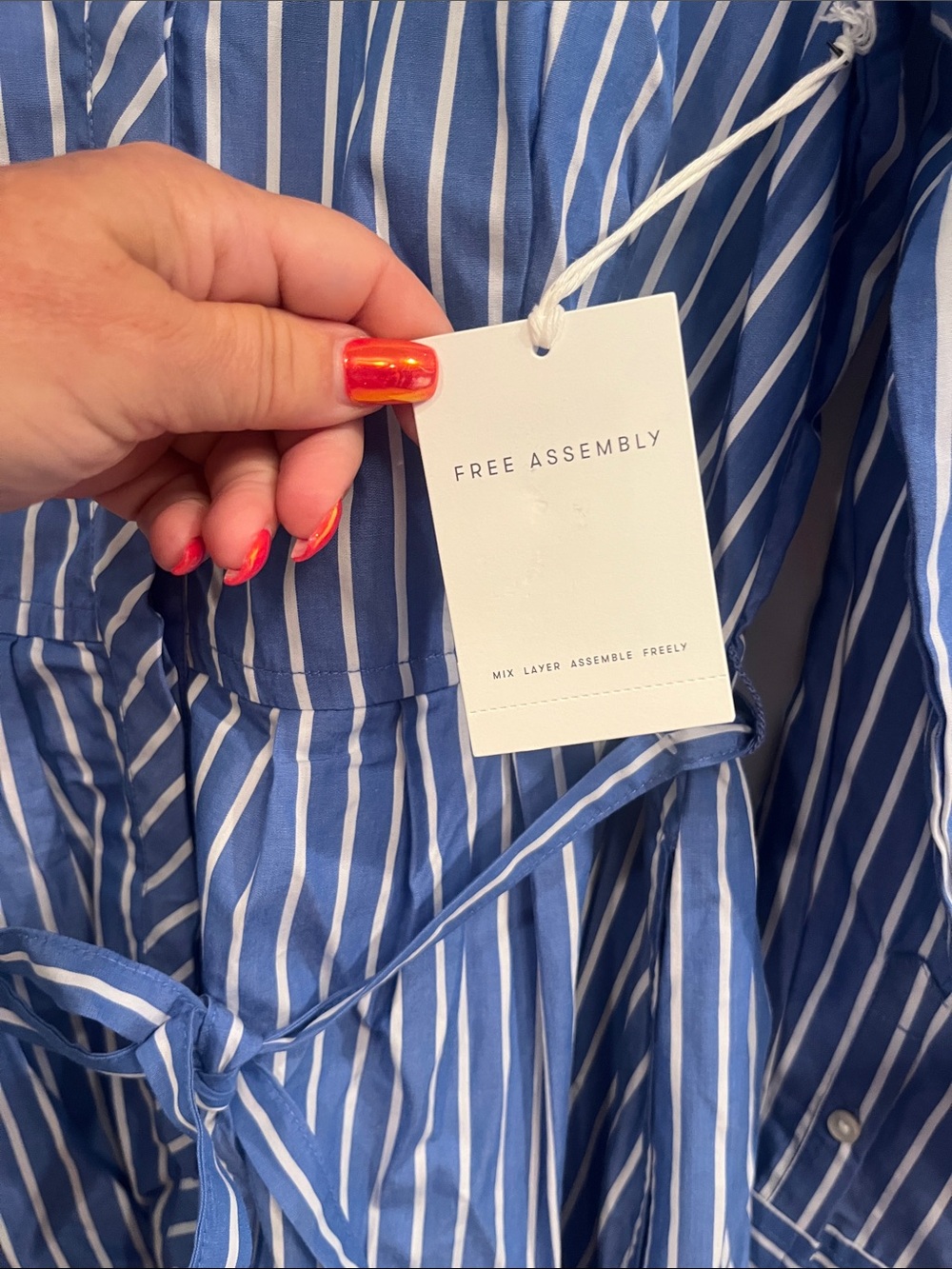 Striped Blue & White Midi Shirt Dress with Tie Waist - Picture 8 of 10